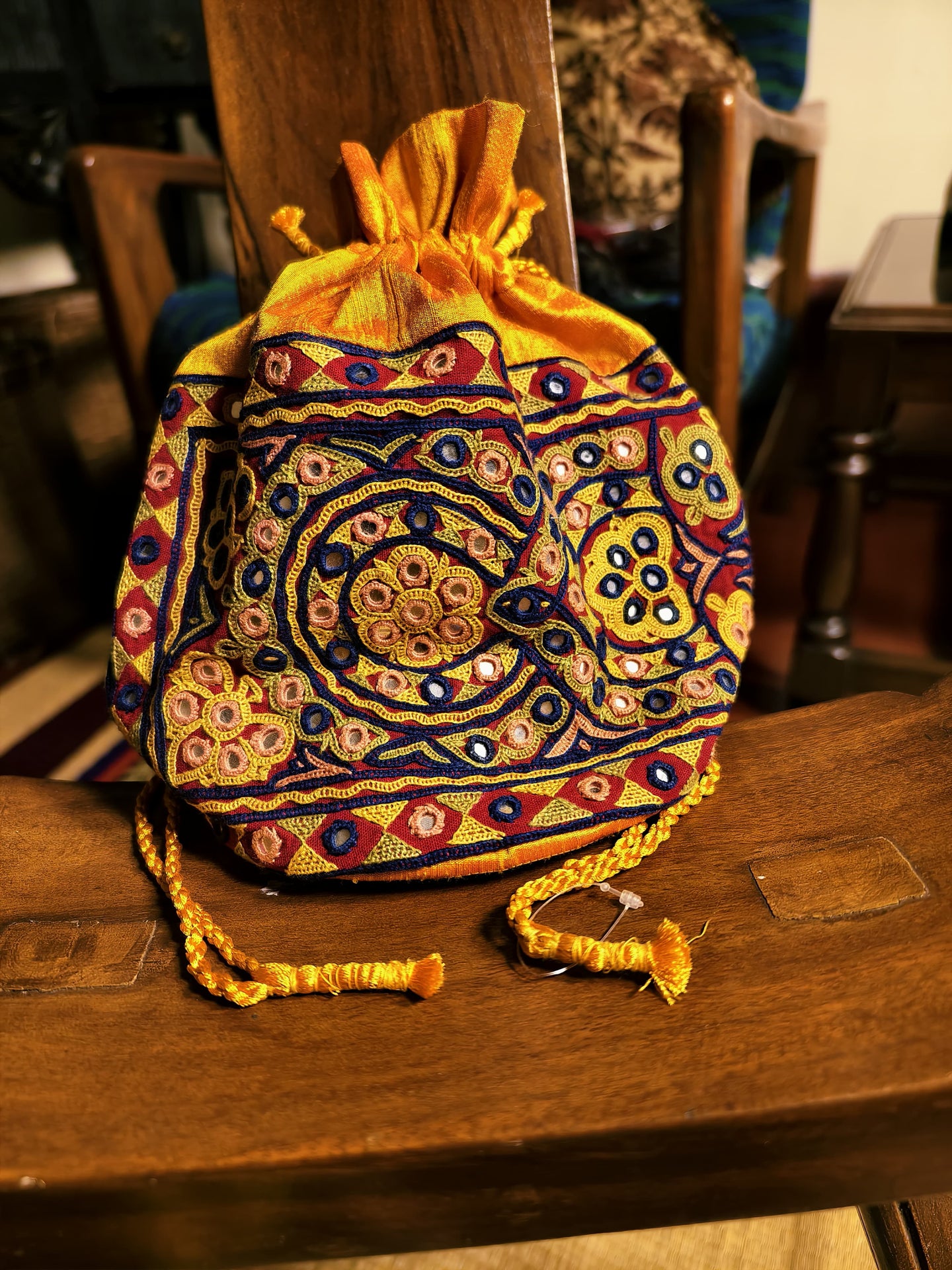Yellow Kutch Hand-Embroidered Mirror Work Potli Bag